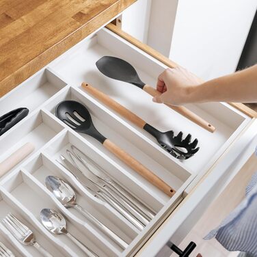 KitchenEdge Органайзер для столових приладів та кухонного приладдя з білого бамбука, розсувний, харчовий, для шухляд, 45,7–83,8 см