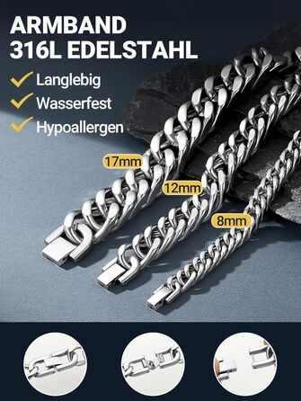 Чоловічий браслет PROSTEEL з нержавіючої сталі з 18K золотом, чорний, ланцюжок 'Panzerkette', важкий, для чоловіків та підлітків, 8 мм/12 мм/16,5 мм/17 мм, срібло, 19 см