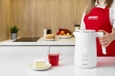 Електричний чайник MPM MCZ-120 1,5L з подвійними стінками, регулюванням температури 40–100°C, нержавіюча сталь, 2200W, тихий, швидкий, сенсорне управління, легкий, елегантний, білий