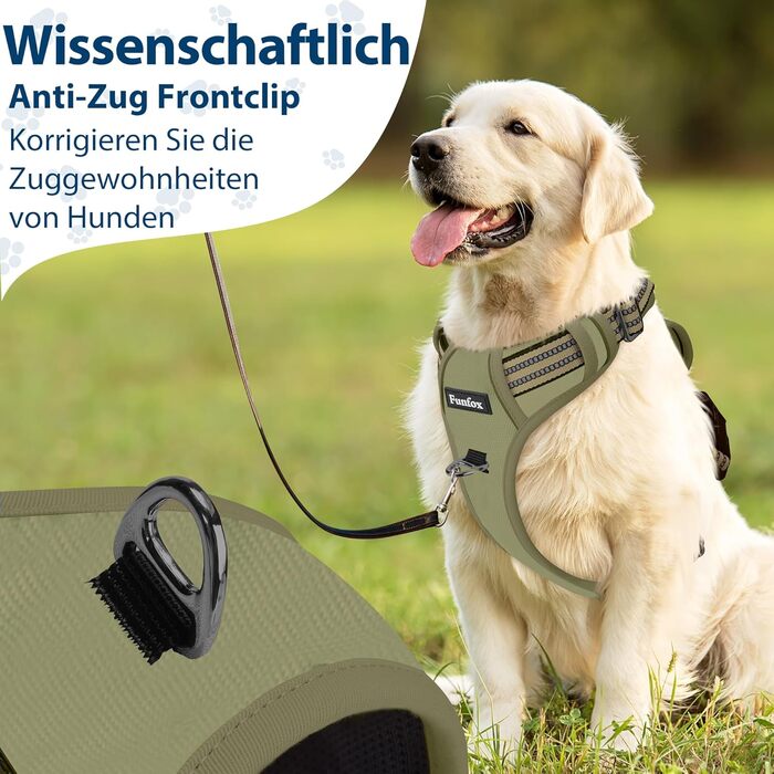 Шлейка для собак середніх порід Funfox, анти-тяга, з ручкою та світловідбиваючими смугами, без коміра, військовий зелений (M)