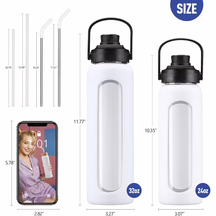 BLUEGO Glass Water Bottle - Sport Water Bottle with 2 Lids and Straw Leak-proof Glass Bottle with Time Marker and Measurement Scale BPA Free, (White, 700 ml)