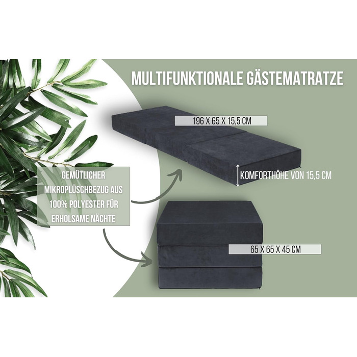 Складаний гостьовий матрац Badenia Trendline XXL, поліестер, 196x65x15,5 см, висота 15 см, плюш, сертифікат Öko-Tex, антрацит, виготовлений за німецьким стандартом якості