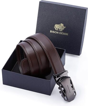 Чоловічий шкіряний ремінь BISON DENIM з автоматичною застібкою-ратом - для бізнесу та ділових костюмів, ширина 35 мм, колір кавовий, артикул N71287