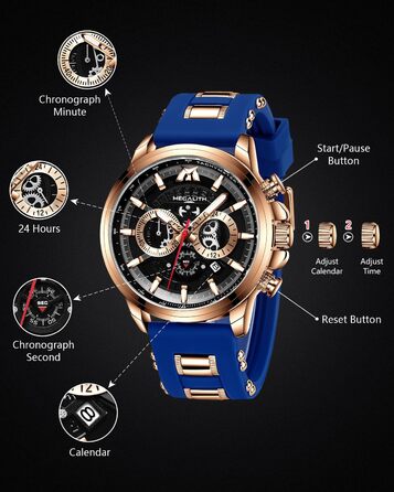 Чоловічий годинник MEGALITH Chronograph: аналоговий, водонепроникний, з датою, свідодіодом, кварцовий годинник. Ідеальний подарунок для спортивних чоловіків (B2-блакитний)