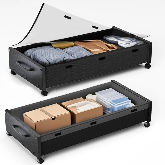 Комод під ліжко на колесах, 2 шт., дерев'яні контейнери для зберігання, великий розмір, органайзер під ліжко, ящики з прозорою кришкою, міцний для одягу (Nero-2)