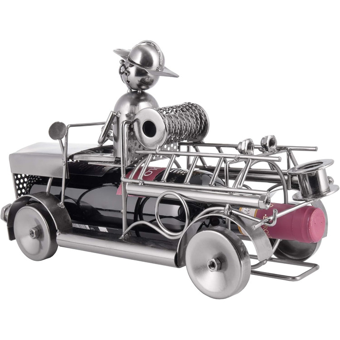 BRUBAKER Wine Bottle Holder Fire Department - Fire Truck Metal Sculpture Bottle Stand - 32 cm Metal Figure Wine Gift for Firefighters - with Greeting Card
