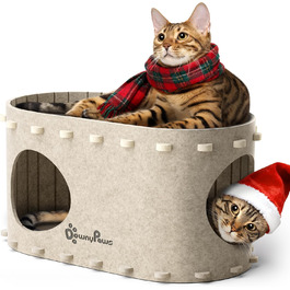 Будиночок для котів з фетру, лежанка для котів, затишна кімната для котів, 58 x 33 x 30 см, ігровий Peek-a-Boo, зимовий, захист кігтів, бежевий, 1 шт.