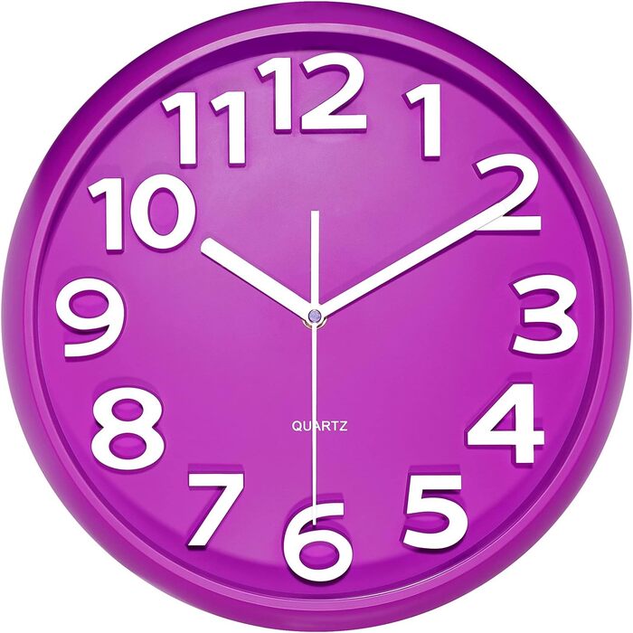 Plumeet 40.6cm Extra Large Wall Clock, Non-Ticking Silent Quartz Decorative Clocks, Modern Style Good for Living Room, Kitchen, Living Room, Bedroom, Office, Large 3D Number Display, (White) (25 cm, Violet)