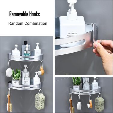 Поличка для душу без свердління, кутова поличка для ванної кімнати з алюмінію, трикутна корзина для душу з гачками, органайзер для шампуню, стійка до іржі (2 шт., піскоструминне золоте покриття) (Блискучий срібло)