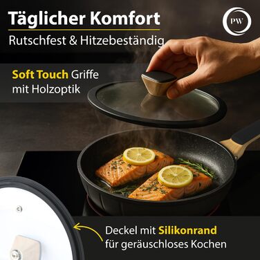 Набір сковорідок Pela Welle® Induktion, 5 предметів: 3 сковороди з покриттям та 2 кришки, чорний колір | Сковорода для індукційної плити, керамічне покриття, без PFOA, PFAS, PTFE