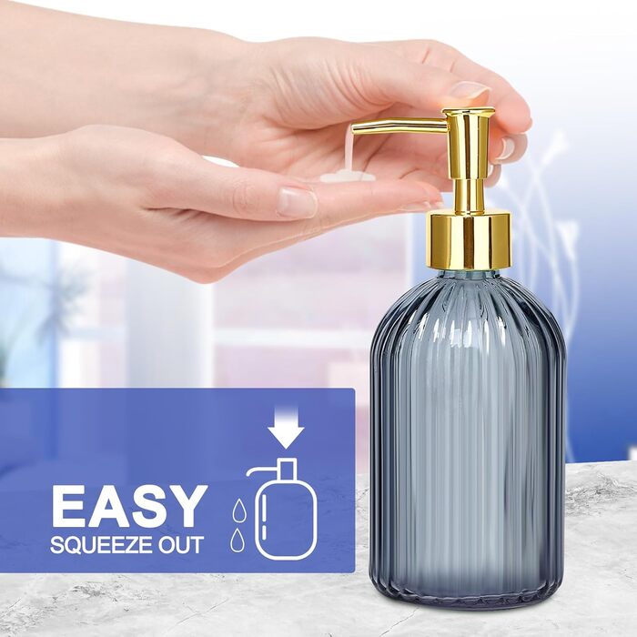 Haturi Bathroom Accessories Set, 4-Piece, Blue Glass - Complete Bathroom Accessories Set including Lotion Soap Dispenser, Toothbrush Holder, Apothecary Jar, Vanity Tray, Bathroom Decor, Gift for
