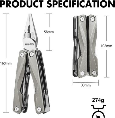 Мультитул Swiss+Tech 16-в-1: мультиінструмент з нержавіючої сталі з ножем, пилкою, ножицями, відкривачкою для пляшок, для кемпінгу, відпочинку на природі, ремонту, з чохлом, вінтажний зелений (ретро-сірий)