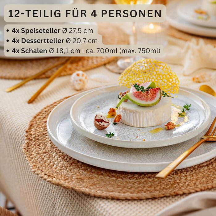 SÄNGER | Korfu Dinner Set 12 pcs, Tableware Service for 4 People, Stoneware Dishes Handmade, Plate Set including Dinner Plates, Dessert Plates, Deep Plates, Cream Colors with Sandy Texture | PREMIUM COLLECTION Korfu Tableware Service 12 pcs
