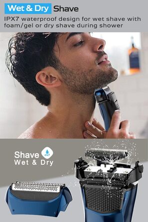 Електрична бритва чоловіча з 3 гнучкими лезами та тримером, синя. Бритва для вологого та сухого гоління, з кейсом для подорожей, акумуляторна, 120 хв роботи. Подарунок для чоловіків