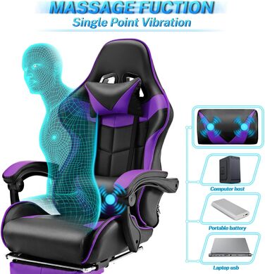 Геймерське крісло Soontrans Massage з підставкою для ніг, подушкою для голови та масажним валиком для попереку, фіолетове. Ергономічне крісло для геймерів, стрімерів Xbox, YouTube
