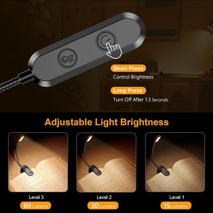 LED лампа для читання Gritin з кліпсою, USB-зарядка, 11 світлодіодів, 3 рівні яскравості, 3 режими температури кольору, гнучка на 360°, чорна