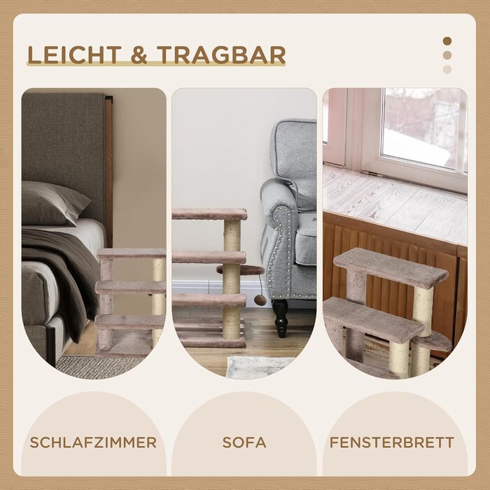PawHut 3-Step Pet Staircase with Scratching Posts, Ball, Dog Staircase, Pet Staircase for Cats up to 5 kg, Plush Jute, White 45 x 40 x 48 cm (45L x 40W x 48H cm, Brown)
