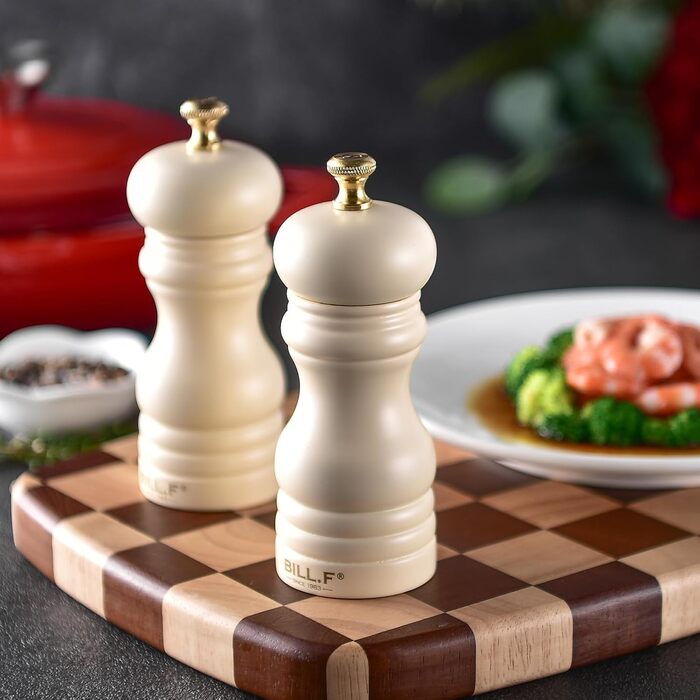 Набір для солі та перцю Bill.F, 2 шт., дерев'яні, ручні, з регульованим керамічним жорном, 13,5 см (чорний та кремовий)