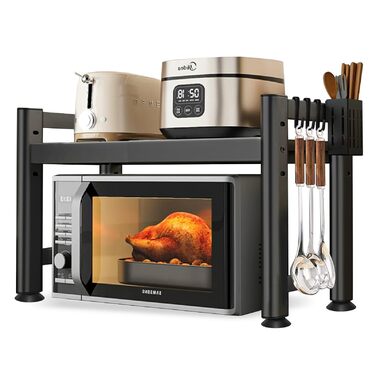 Регульована підставка для мікрохвильової печі, 2-рівнева розширювана полиця для кухні, полиця для робочої поверхні, вуглецева сталь, полиця для мікрохвильової печі з 8 гачками, тримач для кухонного приладдя, чорний