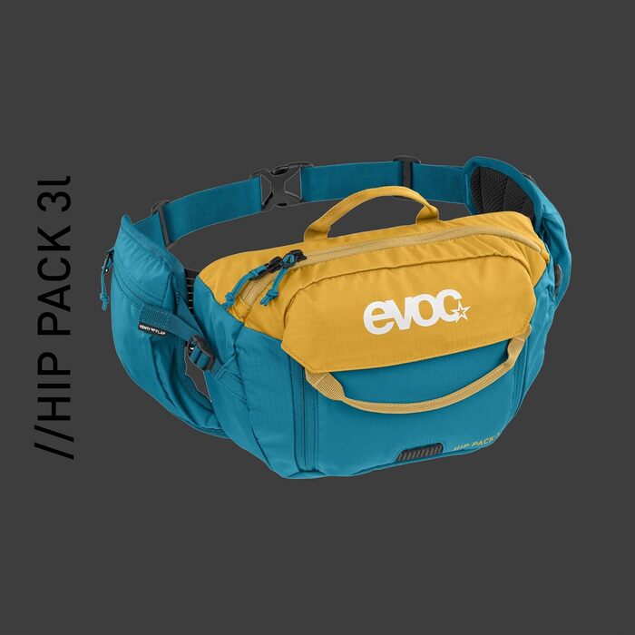 EVOC HIP Pack 3л - нагрудна сумка, поясна сумка, нагрудний жилет (3л об'єм, система Airflow Contact, регульований поясний ремінь, система Venti Flap, без питної бульбашки) (Колір: Глина Жовтий / Океан)