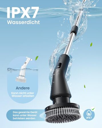 Електрична щітка для чищення Leebein Spin Scrubber: водонепроникна (IPX7), з телескопічною ручкою, 7 насадками та 2 швидкостями для ванної, підлоги та кухні, чорна