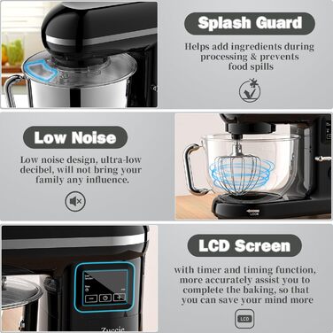 Kitchen Machine Zuccie Stand Mixer 1500W 5.5L Kitchen Machine 6 Speeds Dough Mixer with Dough Hook, Beater, Whisk and Splash Guard (Black)