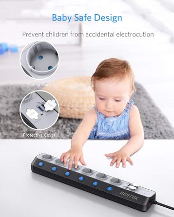 BESTEK Розподільник розеток 6-fach з USB, захист від перенапруги 900 Дж, настінний, з вимикачем, синьо-білий, кабель 3 м