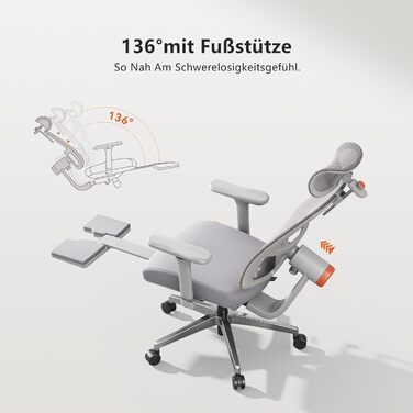 Офісне крісло Newtral MAGICH-PRO з підніжкою: ергономічне, з підтримкою голови та попереку, до 150 кг, сірого кольору