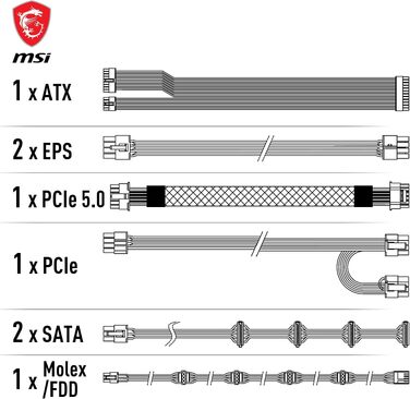 Блок живлення MSI MAG A750GL PCIE5 750W, 80 Plus Gold, повністю модульний, ATX 3.0, підтримка PCIe 5.0, 120мм FDB вентилятор, чорний