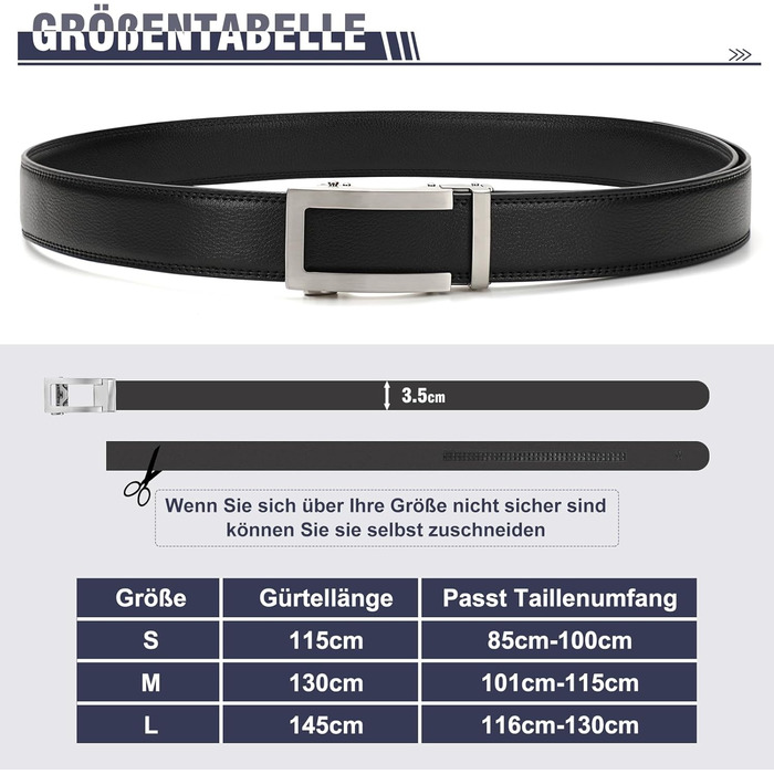 Чоловічий шкіряний ремінь JasGood з автоматичною застібкою, регульований, без отворів, ширина 35 мм, чорний, 130 см (підходить для обхвату талії 101-115 см)