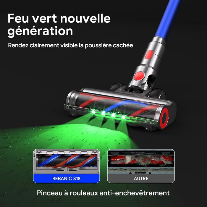 Бездротовий пилосос REBANIC S18 Max з дисплеєм, 600 Вт, 75 хвилин роботи, 58000 Па, об'єм контейнера 2 л, для твердих підлог, килимів, шерсті тварин, блакитний