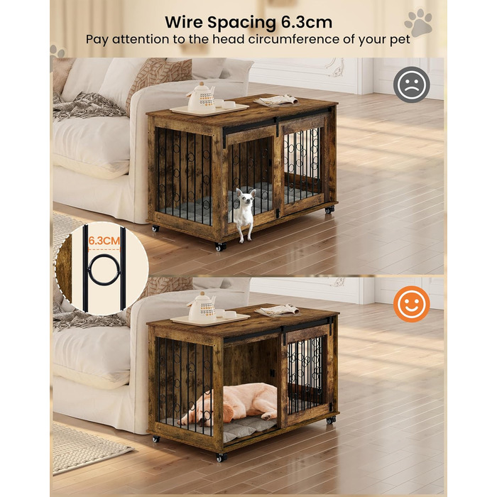 Клітка для собак EUGAD, 100 см, з 2 дверцятами та 5 колесами, для великих, середніх та маленьких собак, декоративна переноска для дому, вінтажний коричневий колір