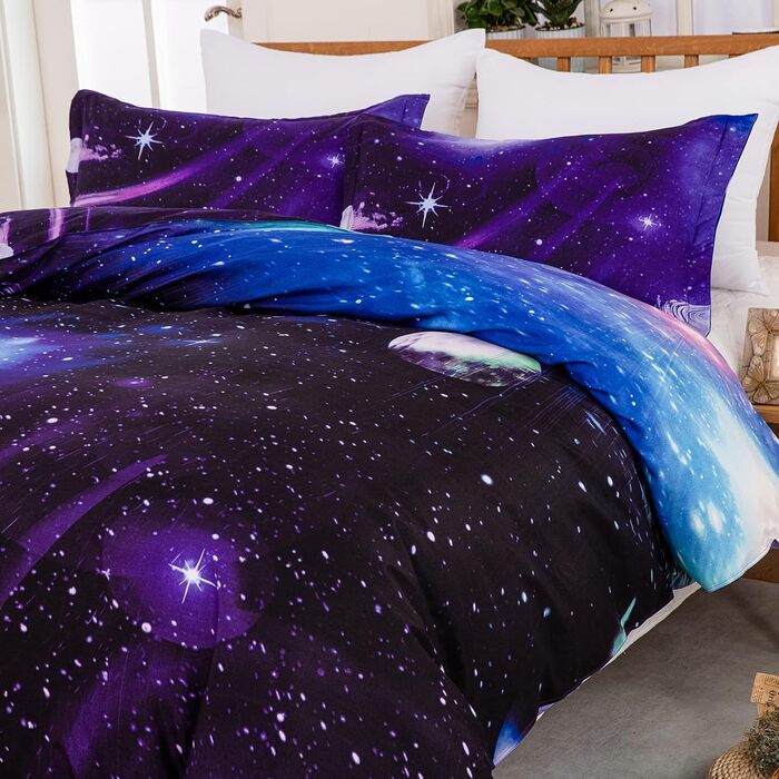 Комплект постільної білизни WONGS BEDDING Galaxy 135x200 + 50x75, мікрофібра, блакитний, 2 частини, з принтом зоряного неба