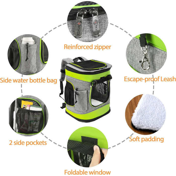 Рюкзак для тварин Kritter Planet з сітчастими вікнами, дихаючий та складаний, для собак та котів, знімний килимок, для походів, їзди на велосипеді, активного відпочинку, 7 кг, зелений