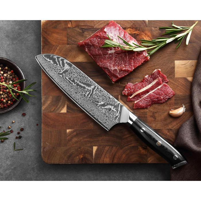 Японський ніж Wakoli Nitoko Santoku 18 см з дамаської сталі (67 шарів) VG10, HRC 60, G10 руків'я, Full Tang, для чистих нарізок, у подарунковій коробці