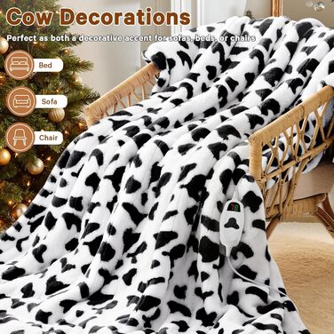 Електрична гріюча ковдра з принтом корів, подвійний розмір, 157 x 213 см, фіолетовий колір, 10 температурних режимів, автоматичне вимкнення через 8 годин, фліс, sherpa, тепла, подарунок для жінок, розмір 62'x84' (72'x84', чорно-біла корова)