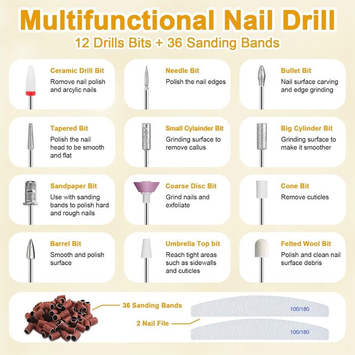 Електрична машинка для манікюру та педикюру - Фрезер для нігтів з набором свердел, 35000 об/хв