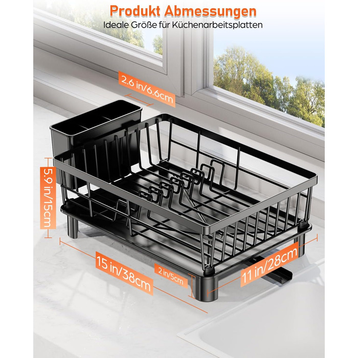 LIONONLY Dish Drainer Rack, Small Dish Drainer with Drip Bowl, Stainless Steel Dish Drainer with Drip Surface and Swivel Spout, Dish Drying Rack for Space-Saving
