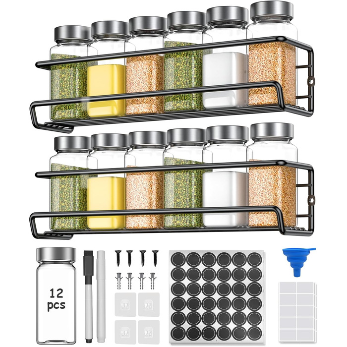 Спецівник для спецій з 24 скляних баночок та етикетками, без свердління, підвісний, для стін та шаф, органайзер для спецій, набір 4 шт. (24 баночки з нержавіючою сталлю)