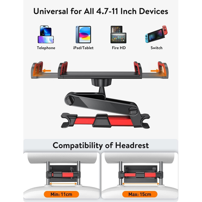 Тримач для планшету в авто TRYONE - кріплення на підголівник, висувний, сумісний з iPad, iPhone, Samsung Galaxy Tab, Kindle Fire HD, Switch (червоний)