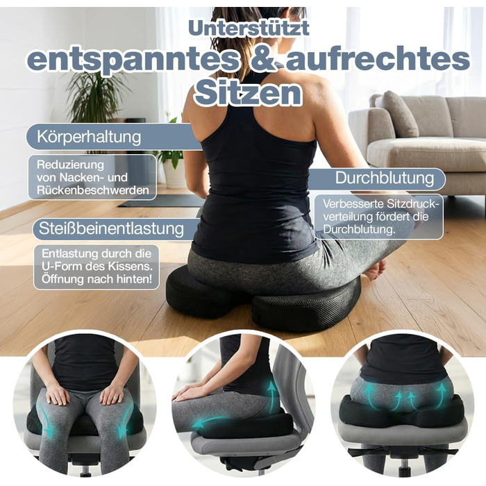 Ортопедична подушка для сидіння Steißbein з Memory Foam, 3 ступені жорсткості. Для офісного крісла, авто, дому. Розвантаження при тривалому сидінні. Чорний, 60-90 кг.