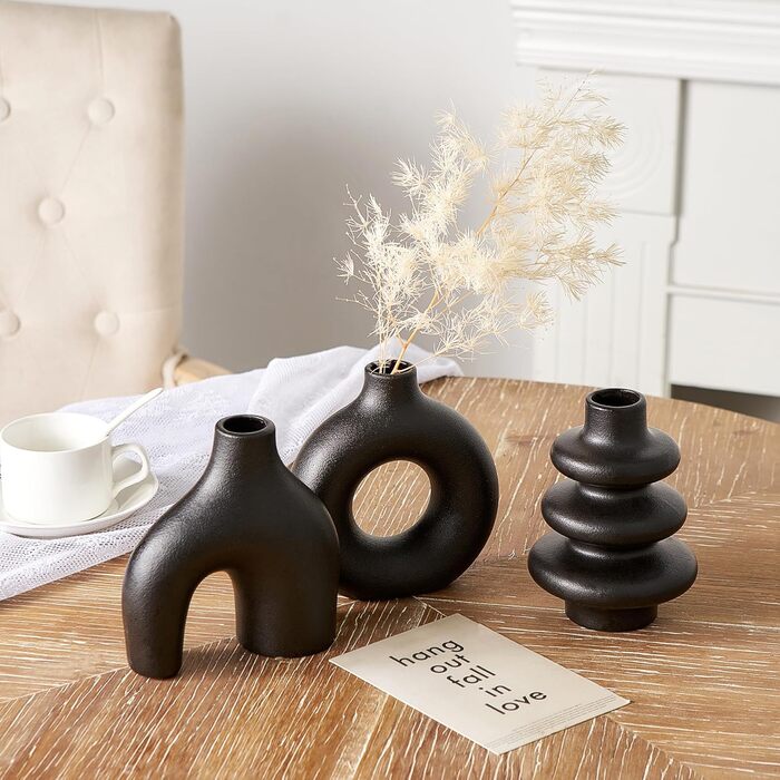 Set of 3 Black Ceramic Vases - Small Pampas Grass Decor, Modern Flower Vases for Home, Wedding & Living Room Centerpieces