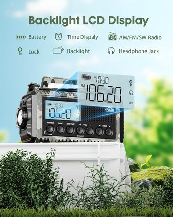 Радіо Kurbelradio на сонячній батареї та з ручкою, 12000mAh, AM/FM/SW, USB-зарядка, SOS-сигнал, для кемпінгу та надзвичайних ситуацій, зелений (сірий камуфляж)