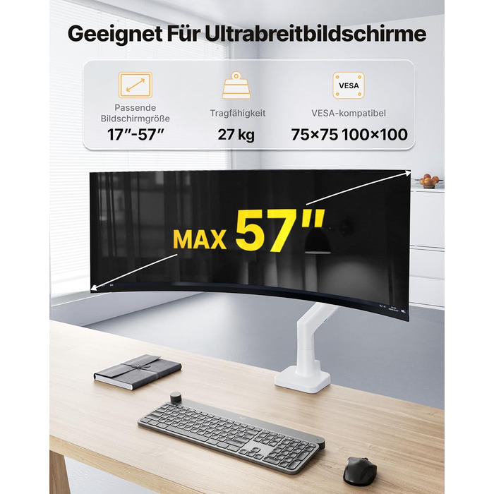 Кронштейн для монітора monTEK для Ultrawide екранів 17–57 дюймів до 27 кг, пневматичний ліфт, регулювання висоти, VESA 75x75/100x100, білий