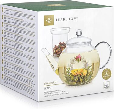 Скляний чайник Teabloom 1,2 л з фільтром, термостійкий, для чаю, для мікрохвильовки, 2 чайні квітки в комплекті