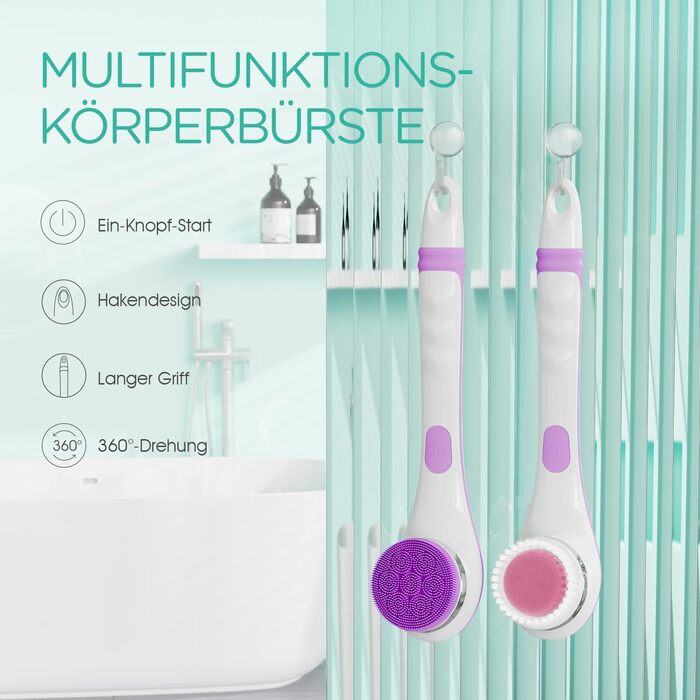 VOYOR Back Brush Shower Brush Body Brush Electric Back Scrubber with Long Handle Waterproof Rechargeable with 4 Cleaning Heads for Spa Shower Exfoliating Massage Brush BC100 (Purple)