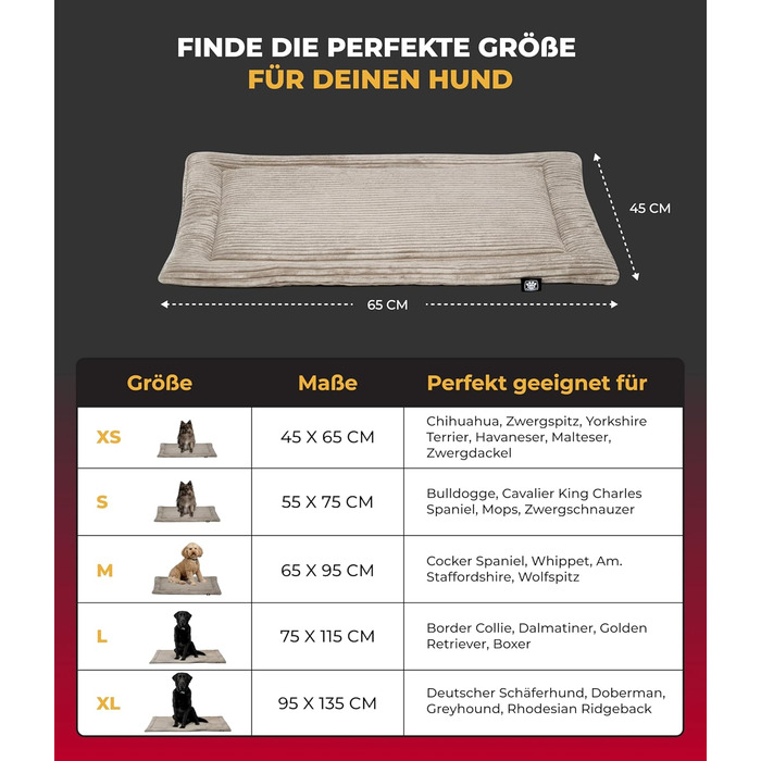 Килимок для собак HS-Hundebett® з флісової тканини, XS (45x65 см) – двосторонній, миючий – м'який, затишний – бежевий, Made in Germany 3977