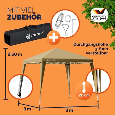 CASARIA® Capri Pavilion 3x3m Pop-Up UV Protection 50+ Waterproof Winter-Proof with Bag Foldable Stable Camping Garden Pop-Up Pavilion Party Tent (Cream)