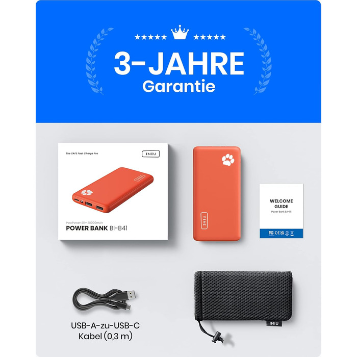 Power Bank INIU 10000mAh, ультратонкий, USB C, 3A, ліхтарик, сумісний з iPhone, Samsung, Huawei (Оранжевий)