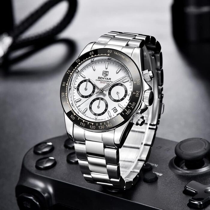 Чоловічий годинник BENYAR: Хронограф, кварцовий механізм, водонепроникний, з нержавіючої сталі, для бізнесу, спорту та відпочинку (срібний)